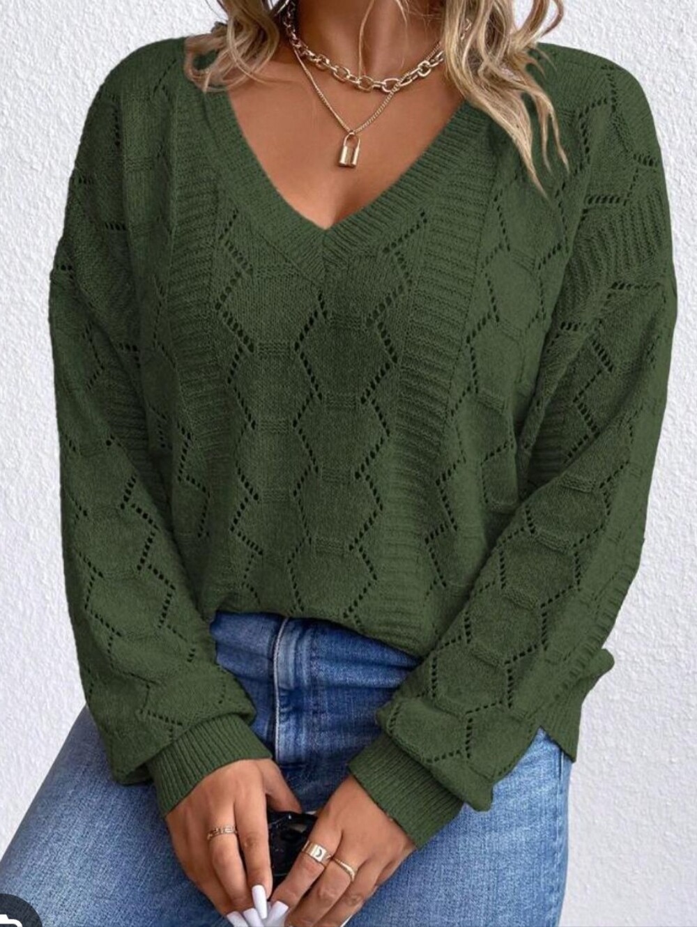 V-Neck Pointelle Knit Sweater - Olive Green 2XL